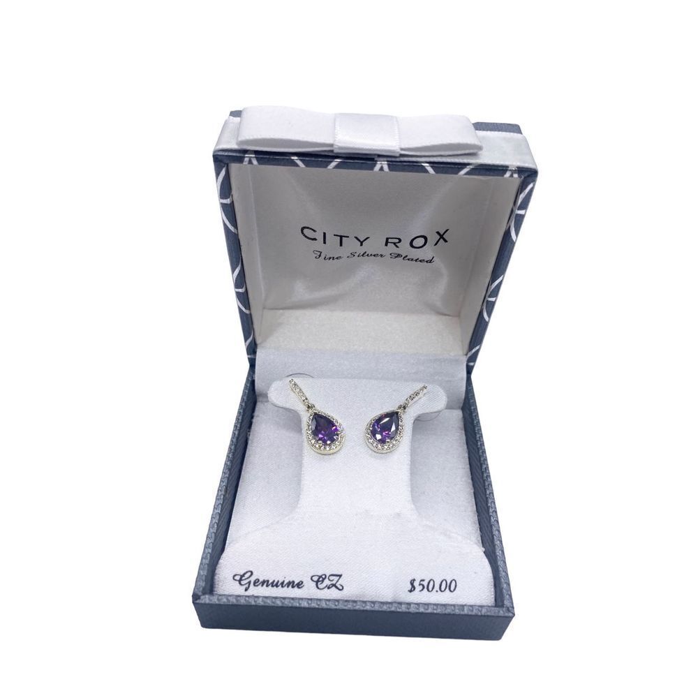 City Rox fine silver plated purple CZ earrings New in gift box - super nice!